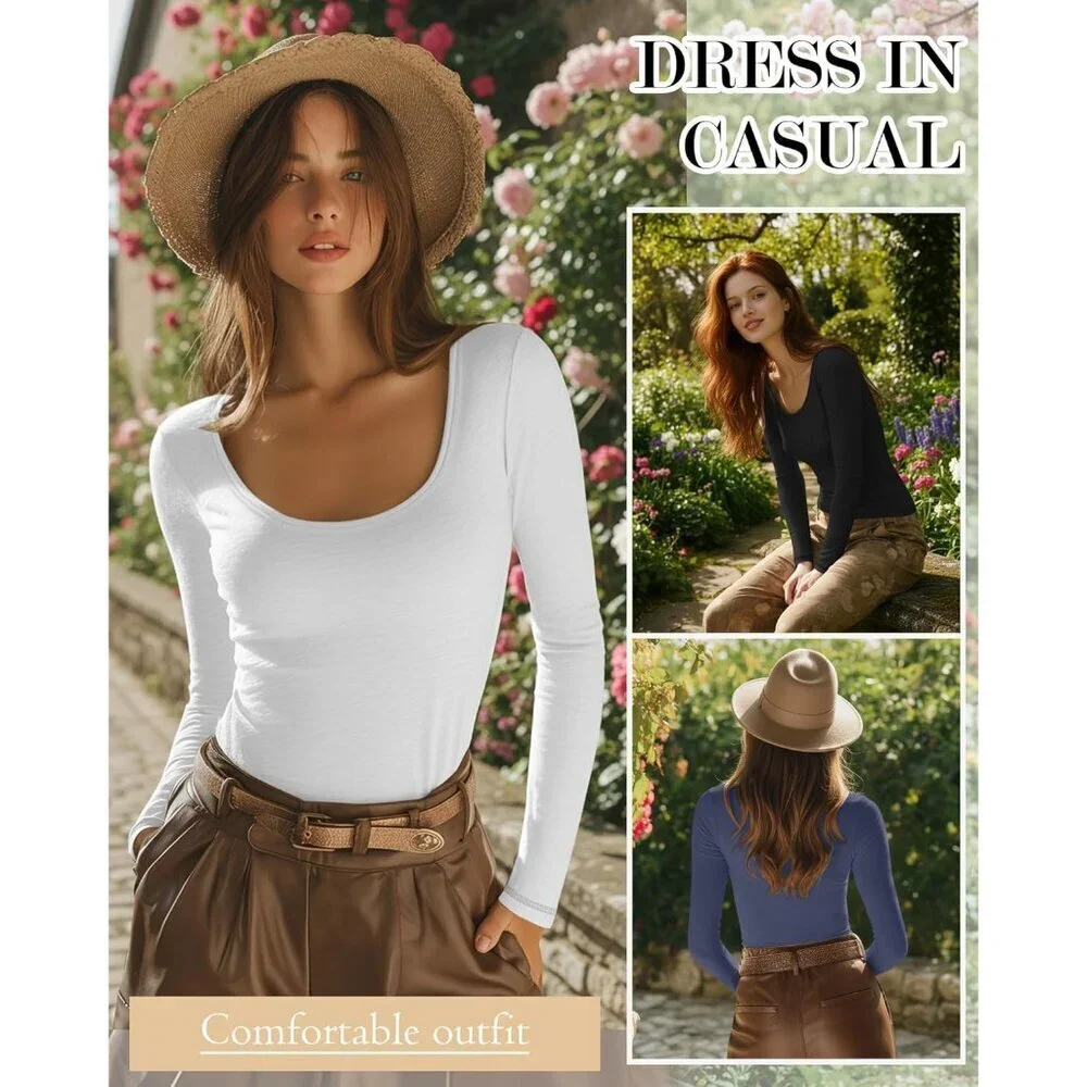 Women's Long Sleeve Shirts 3 Pack Cotton Polyester Spandex Slim Fit Casual Top